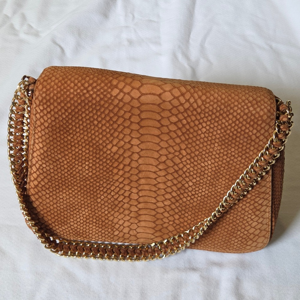 Cashhimi Shoulder Bag Medium Tan Python Embossed Suede Gold Chain Made in Turkey